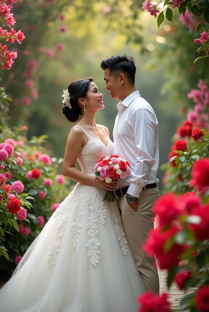Real pinoy couple wearing wedding gown face here look in image with back ground arounding flowers