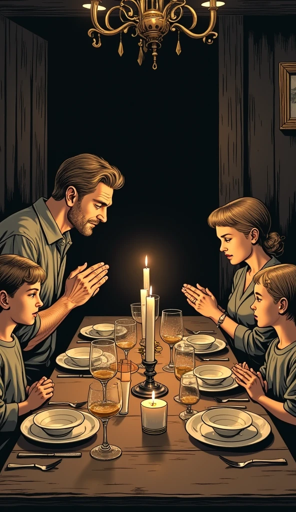 Make me a picture of a family of 4 people in the style of 1936, that the father is a little older and does not have a beard, that they are at a long table and that they are praying over the food, that it is comic style and that it is dark