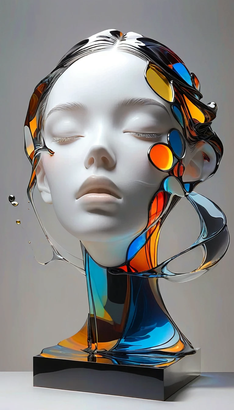graphic design,Large black canvas,Sense of space,White space,1 Stained glass transparent 3D portrait sculpture,Underflow smelting,面部Luminescence线路,simple,Minimalism,beautiful girl,Soft and elegant colors,,Dark background,Luminescence