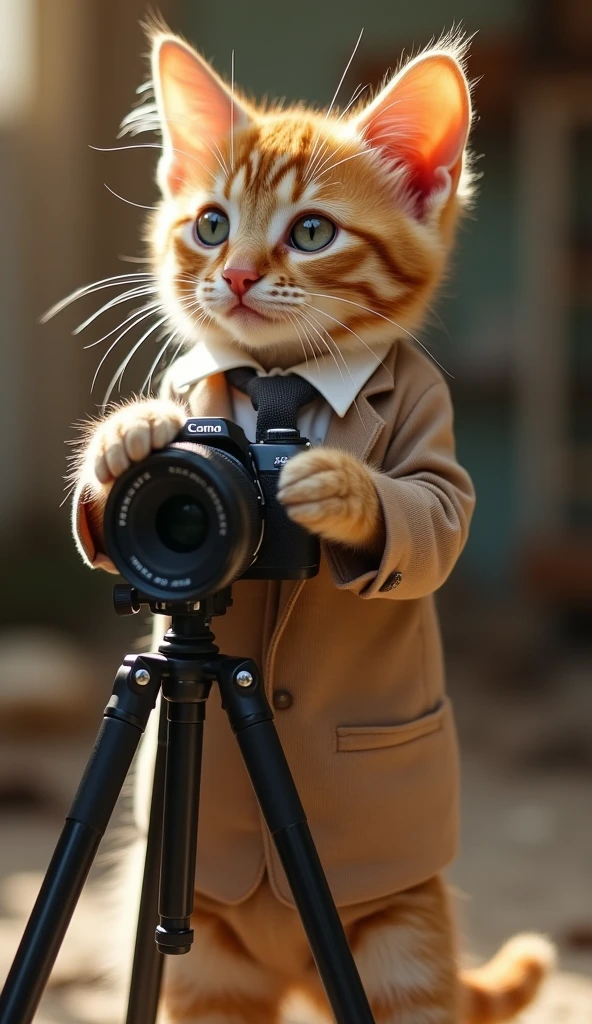 cute cat cat,personification,standing,Hold the camera,tripod,photographer,Photographic gestures,,Suit,necktie, (精致的面容), (Thin and soft skin),(35mm Cinema Lens),(Multi-angle shooting),(many viewing angles)