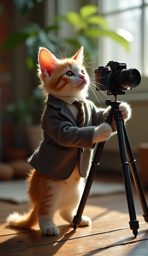 cute cat cat，personification，standing，Hold the camera，tripod，photographer，Photographic gestures，,Suit,necktie, (精致的面容), (Thin and soft skin)，（35mm Cinema Lens），（Multi-angle shooting），（many viewing angles）