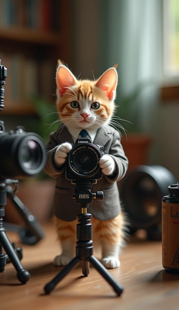 cute cat cat,personification,standing,Hold the camera,tripod,photographer,Photographic gestures,,Suit,necktie, (精致的面容), (Thin and soft skin),(35mm Cinema Lens),(Multi-angle shooting),(many viewing angles)