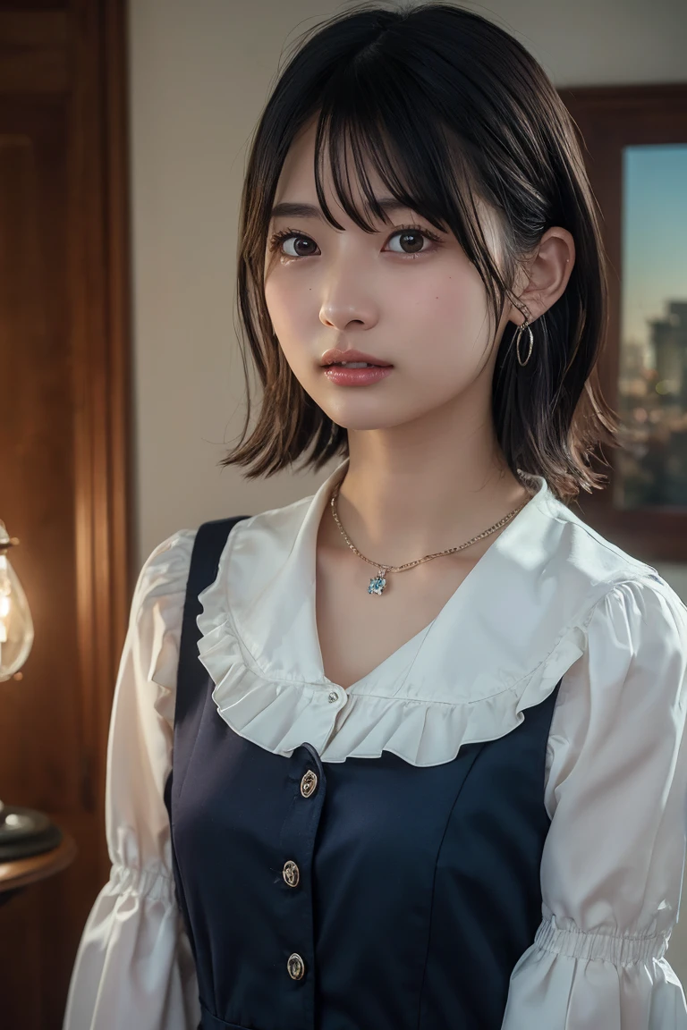 (Highest quality:1.4),(masterpiece:1.4),(Realistic:1.4),(Realistic:1.2),(超High resolution, RAW Photos:1.4),(High resolution, Ultra-detailed:1.2),(8k:1.2),View your viewers,Cinematic photography,One person,skeletally correct,Black-haired woman,Woman in her early 20s,(Small earrings,necklace,Ruffled frill collar dress),(Western-style building interior,Dimly lit room,The lamplight shines on my cheeks)