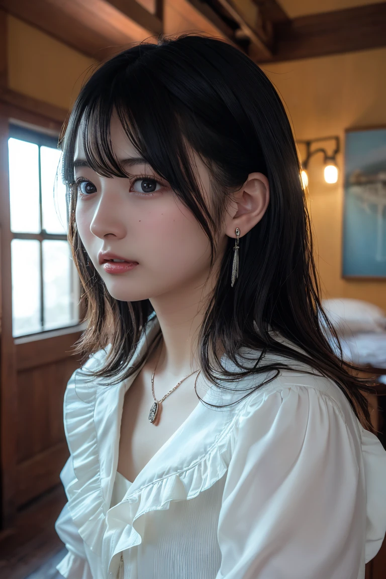 (Highest quality:1.4),(masterpiece:1.4),(Realistic:1.4),(Realistic:1.2),(超High resolution, RAW Photos:1.4),(High resolution, Ultra-detailed:1.2),(8k:1.2),View your viewers,Cinematic photography,One person,skeletally correct,Black-haired woman,Woman in her early 20s,(Small earrings,necklace,Ruffled frill collar dress),(Western-style building interior,Dimly lit room,The lamplight shines on my cheeks)