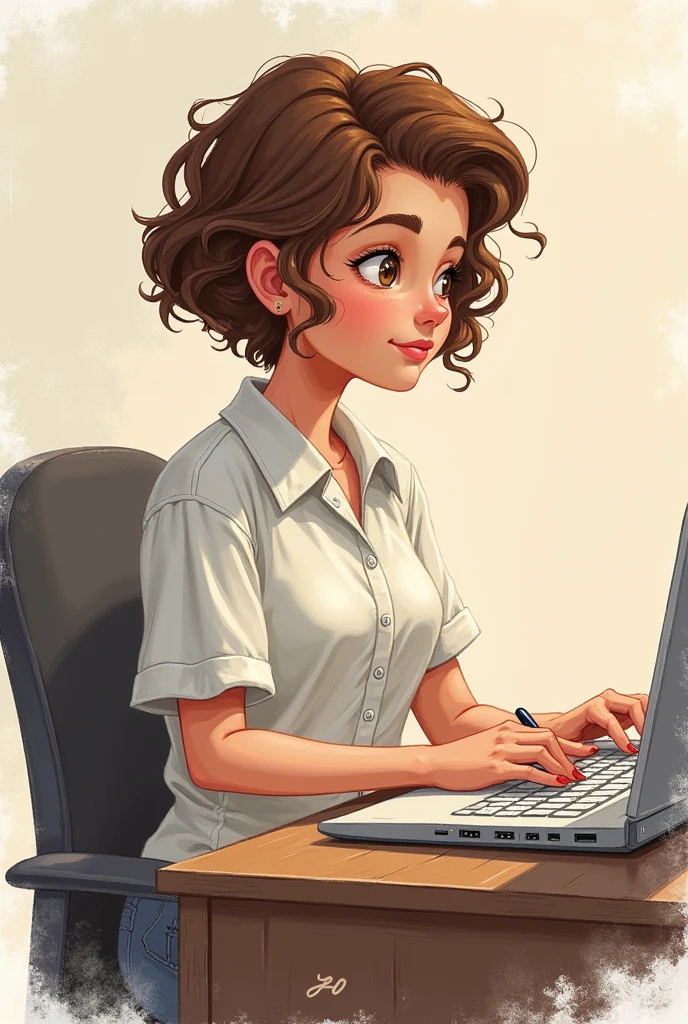 art mignon, art simple , femme, cheveux brun très court, un ordinateur sur un bureau, dessin