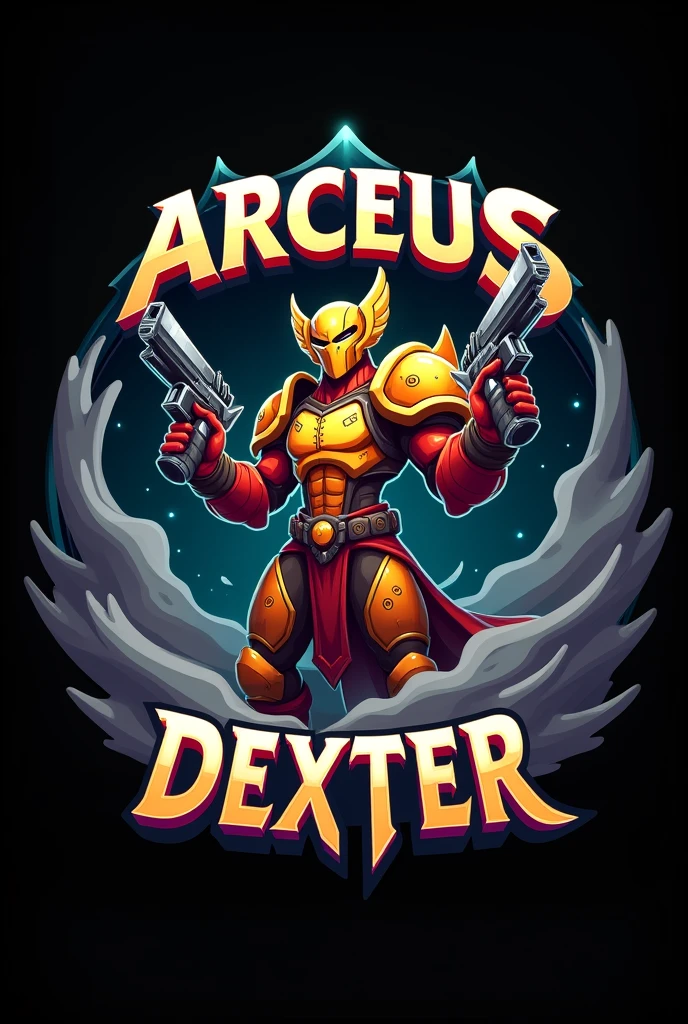 Create a Animated warrior with guns Logo for gaming using name ARCEUS DEXTER
Using colour black background and other colours are yellow red brown grey ash white