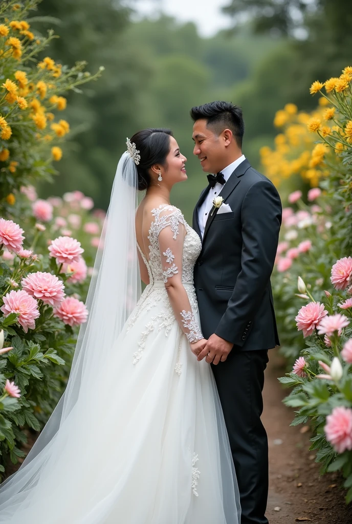 Real pinoy couple wearing wedding gown face here look in image with back ground arounding flowers