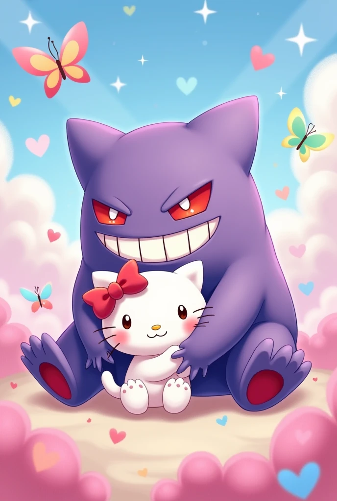 Gengar and hello kitty, couple, 2D drawing