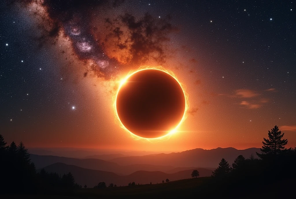 Un sublime ciel étoilé avec la voie lactée qui se devoile lors d'une eclipse totale de soleil, couronne solaire,  protubérance solaire