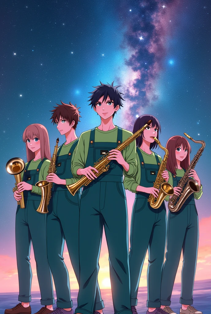 Anime-style refreshing young men and women wearing green long-sleeved casual overalls background space holding horn and clarinet in hands