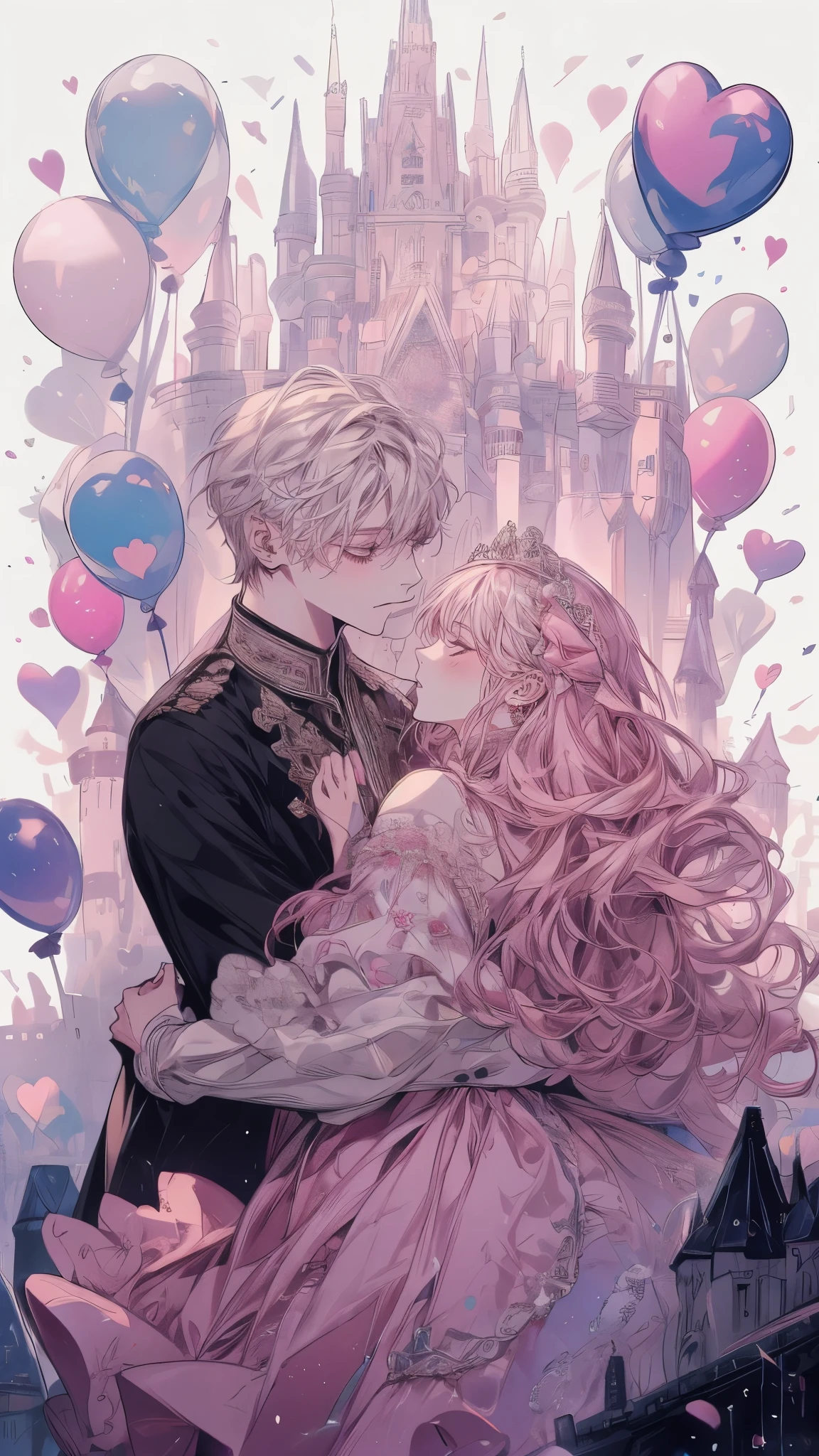 Princess、Prince、Pink long dress、Dance、Castle、firework、A lot of balloons、smile