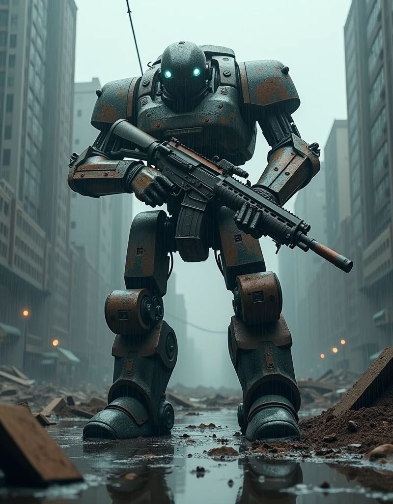 A striking, realistic photo of a heavily battle-scarred cyborg labeled "CHAOS." The cyborg stands tall in a rain-soaked, abandoned city, holding a massive rifle with rusted metal and worn-out components. The cityscape is a mix of dramatic shadows and eerie light, reflecting the heavy rain and the tension of the moment. The cyborg's twisted, mechanical form contrasts with the desolate urban landscape, creating a powerful, apocalyptic atmosphere.