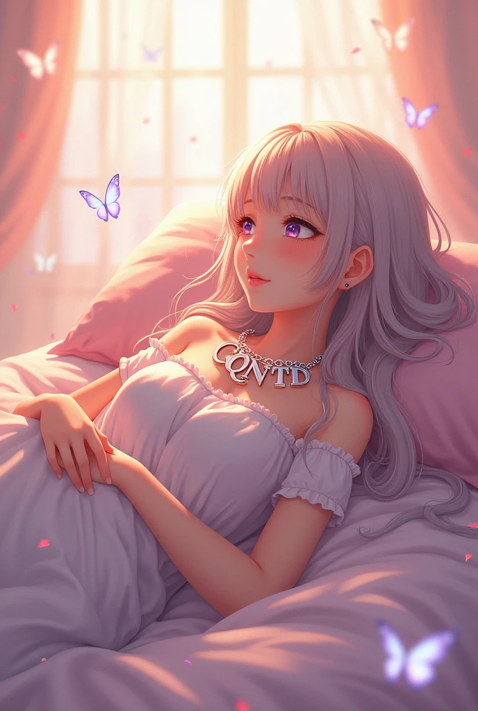 Anime girl lying down with a chain around her neck with the letters “CQNTD”