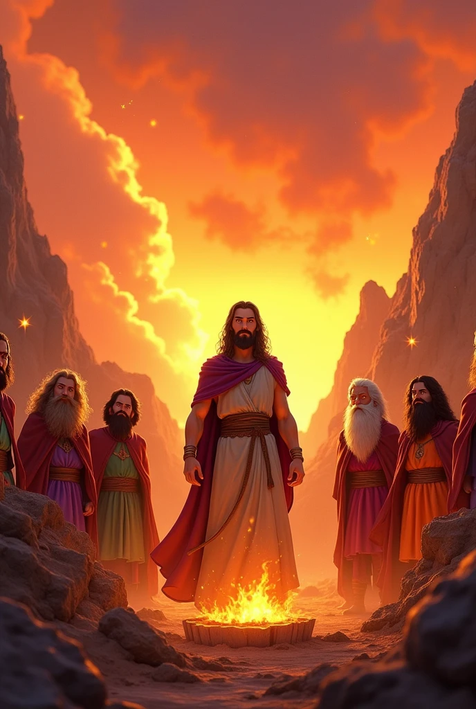 create an image that represents Elijah and the Prophets of Baal from the bible in disney pixar format