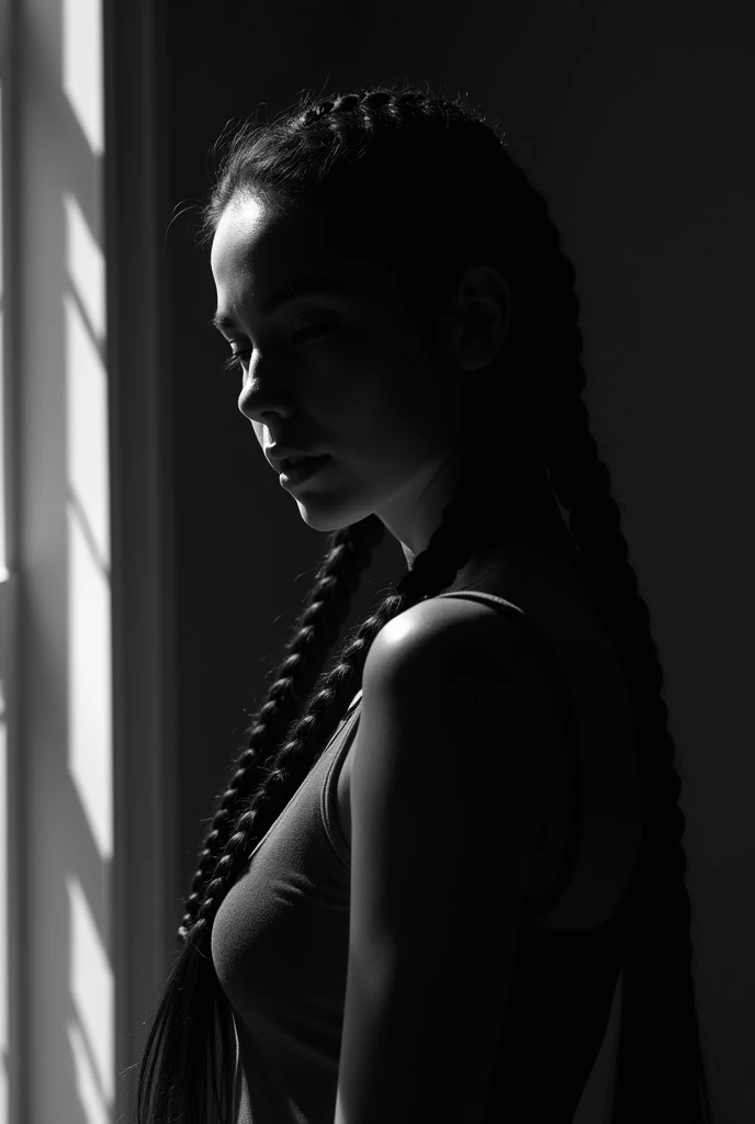 realistic photo, play of lights, black and white, HD photography,
perfect and defined silhouette of a full 25-year-old woman, with harmonious shapes, medium-long braided hair