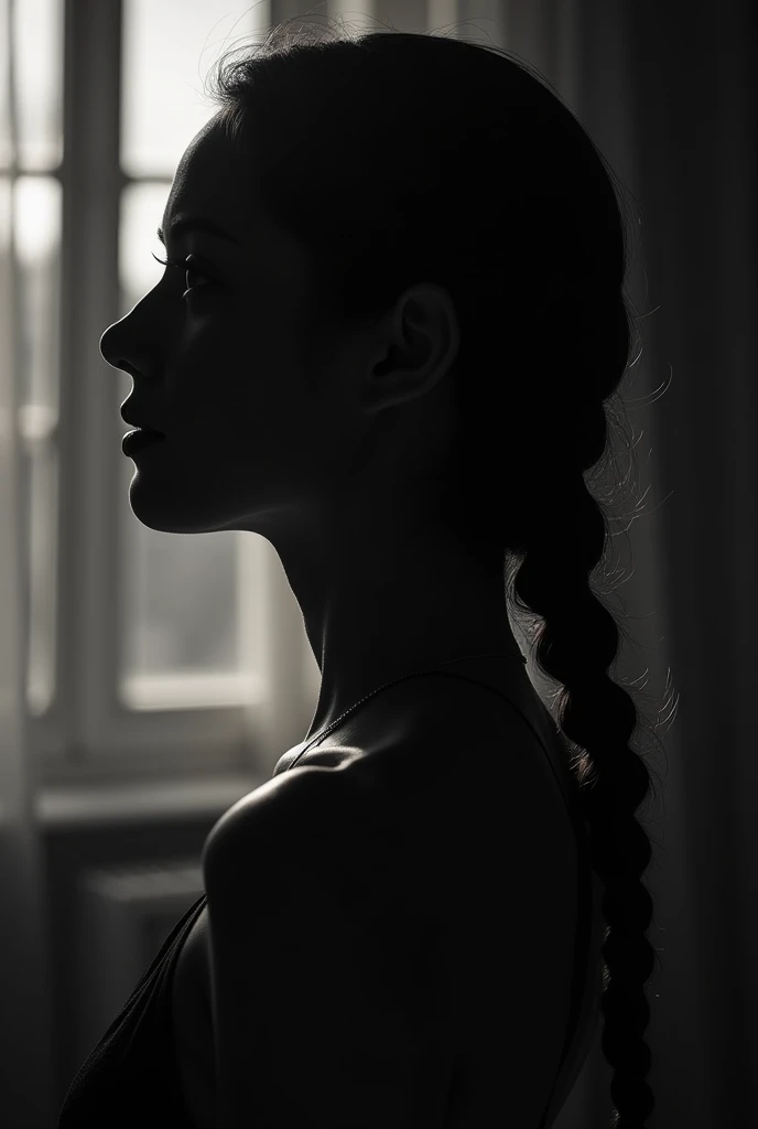 realistic photo, play of lights, black and white, HD photography,
perfect and defined silhouette of a full 25-year-old woman, with harmonious shapes, medium-long braided hair