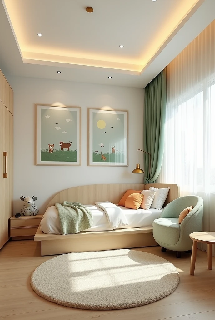 Professional 3d architecture rendering design of modern and   light moss and  so light Thunder and light cream  and light orange and wooden   Modern and minimal  design for chid  bedroom  and light  cream   carpet  with animals painting and white painting wall and light wooden closet with animals painting and modern ceiling lighting and modern curtains for chid room and the  bed similar globe and safety chair for chid and cozy carpet 