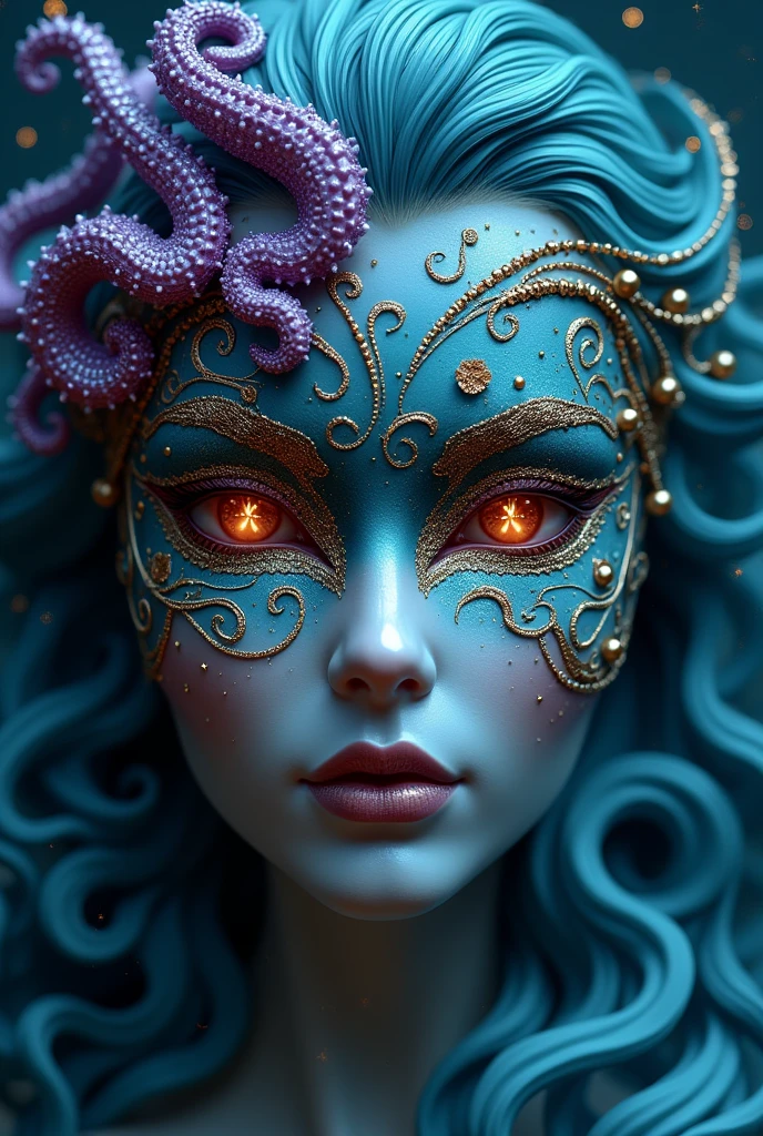 Create a female mask with lots of arabesques and small purple and gold octopus tentacles, bright stars inside the mask, for a mermaid masquerade ball, must be delicate and sexy