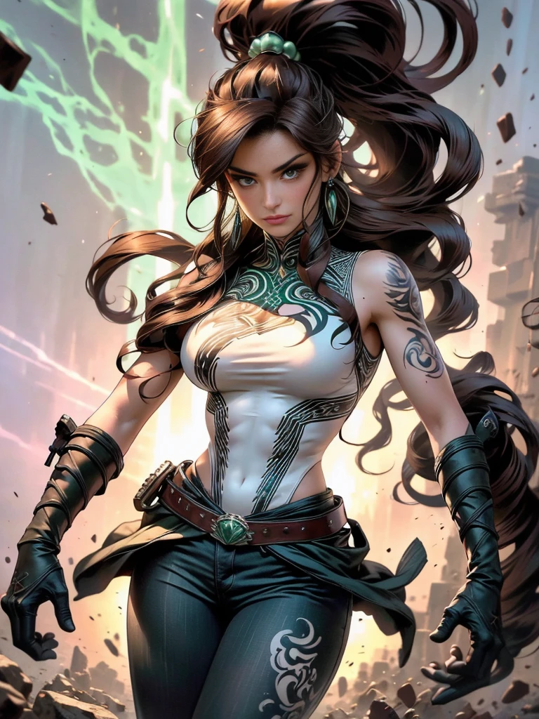 Masterpiece, medium full frame, ultra hot gorgeous young incredibly beautiful femme fatale. The age is 23 years old. (long curly chocolate hair gathered in a ponytail), (beautiful green seductive eyes), (tribal tattoo on the arms), White, green and pink colors, Hazy background, Graceful pose, (looks at the viewer), (front view), (side:1.2) full-length, magical atmosphere. lightning in the background.