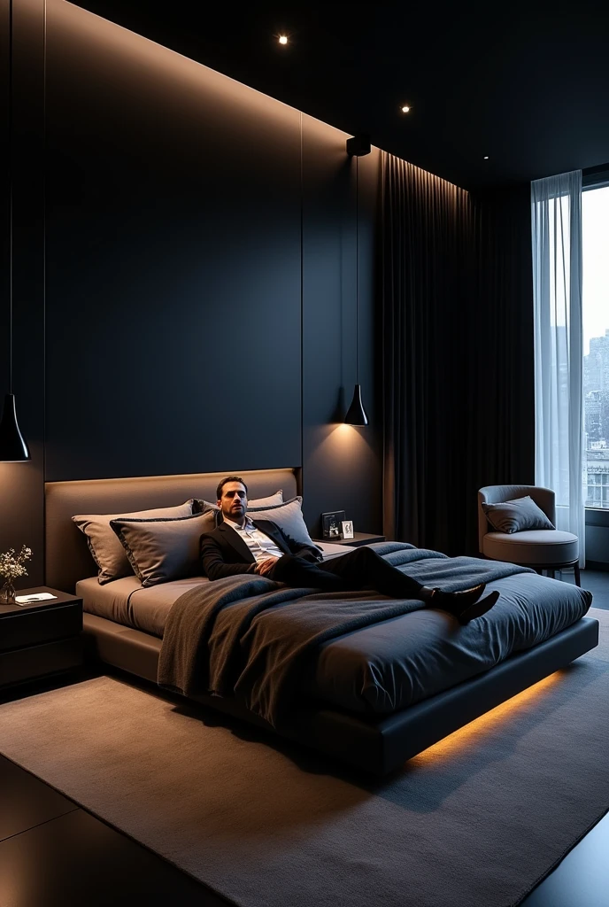 Chambre à coucher ultra moderne en 2024 avec un fond noir pour un homme classe avec une television et un tres grand lit pour les annees 2100