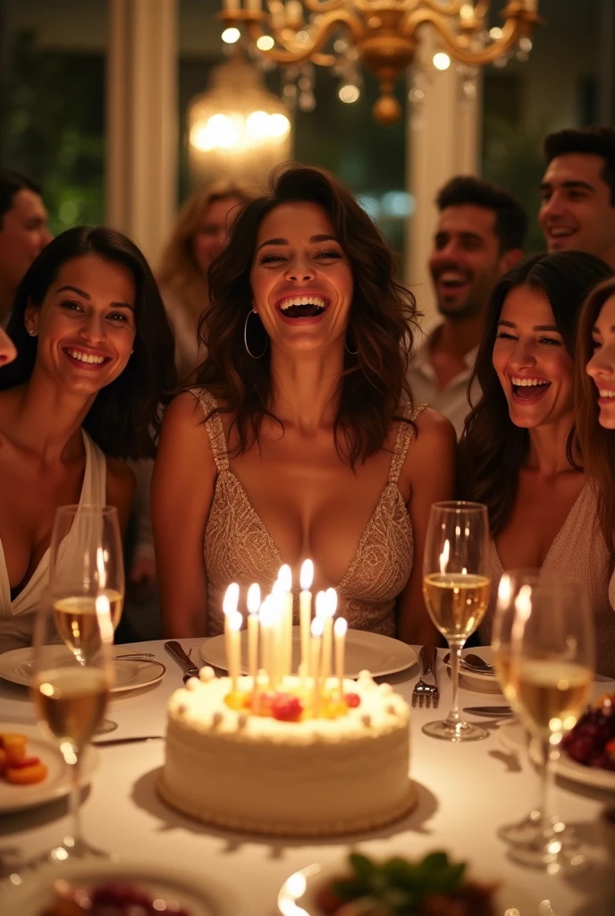 A brunette woman, slim, with medium, wavy hair is at the center of a surprise party organized by her friends at a fancy restaurant. The photo shows the woman at the table with her friends, with a table with cake and fancy restaurant dishes and expensive sparkling wines. The image is full body and captures the teacher and about 10 friends.