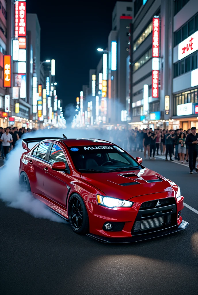 (photorealism:1.2),a man driven the lancer evo x(glossy red)(mugen modified), (random angle view) at nights in tokyo city, very detailed carbon parts, smokes near the tire just like drifting, car lights is on, people taking picture with cellphones