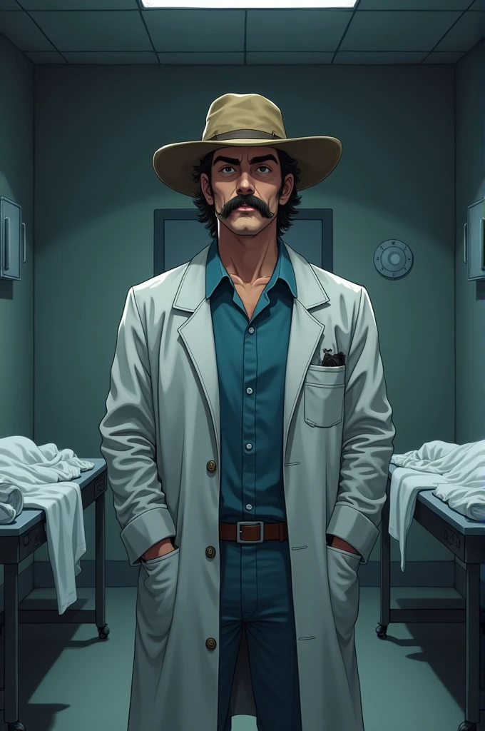 Make a man with a mustache, medical suit and rancher hat in an anime morgue room