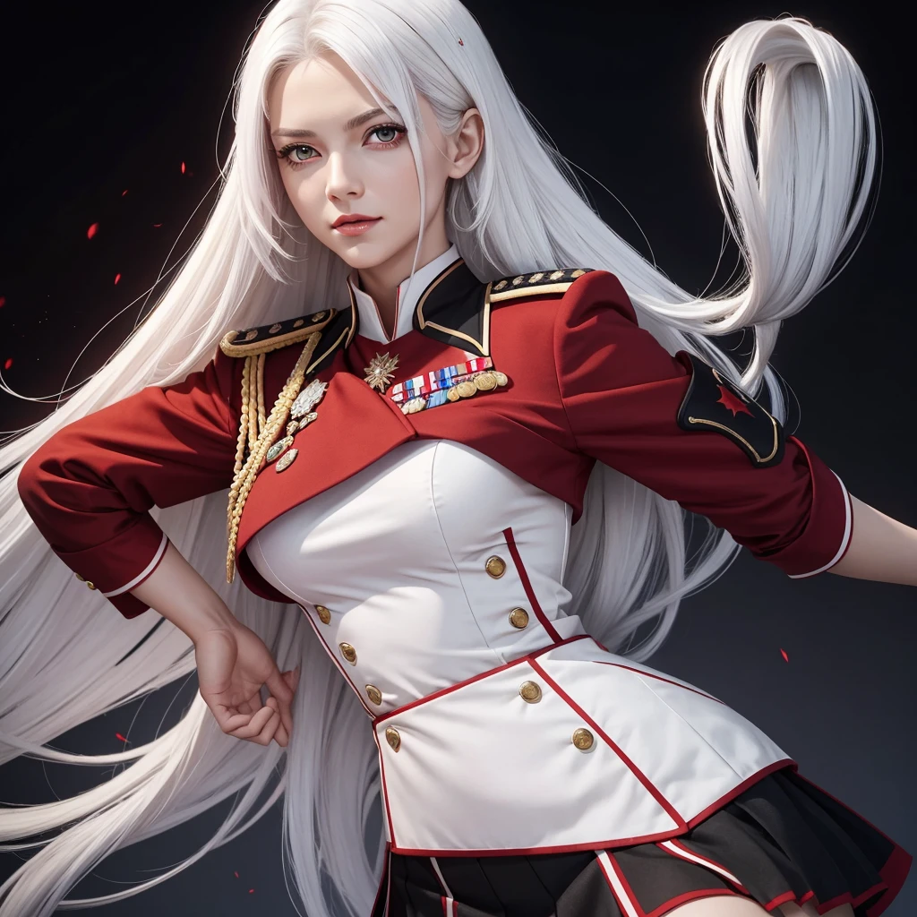 Beautiful lady, White hair, Hip length hair, Breast size,red uniform with black skirt, of the leaders, friendly look, good quality, light background, small rank insignia,  V-neck, sexly, 4K, red eye, 