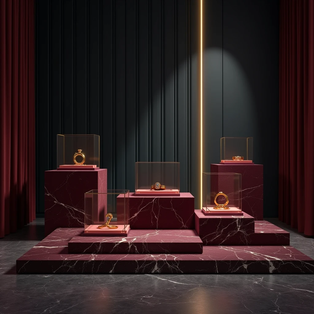(masterpiece:1.3), (8K、photorealistic, Raw photo, best quality:1.4), Create an elegant and luxurious setting designed specifically to showcase high-end jewelry, but without any jewelry pieces present. The scene should feature refined display elements like marble platforms, velvet-lined pedestals, and sleek geometric shapes. The background should be rich and sophisticated, with soft gradients or textured walls in deep tones like charcoal, navy, or burgundy. The lighting should be carefully designed, using a mix of warm and cool tones to create depth, contrast, and subtle highlights. Play with shadows and reflections to enhance the luxurious atmosphere, with spotlights and ambient lighting adding a touch of drama. The overall aesthetic should be timeless, classy, and perfectly suited for showcasing luxury jewelry pieces in a premium environment