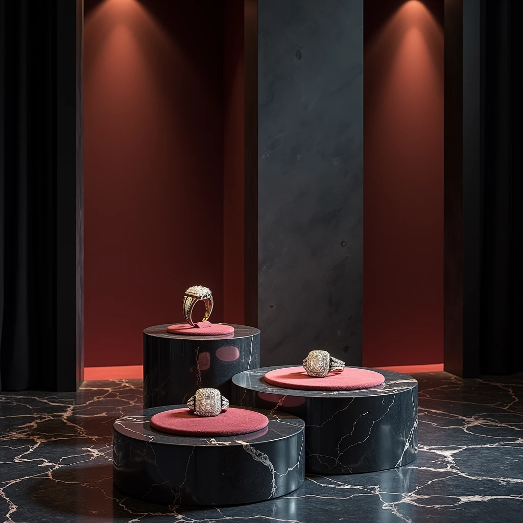 (masterpiece:1.3), (8K、photorealistic, Raw photo, best quality:1.4), Create an elegant and luxurious setting designed specifically to showcase high-end jewelry, but without any jewelry pieces present. The scene should feature refined display elements like marble platforms, velvet-lined pedestals, and sleek geometric shapes. The background should be rich and sophisticated, with soft gradients or textured walls in deep tones like charcoal, navy, or burgundy. The lighting should be carefully designed, using a mix of warm and cool tones to create depth, contrast, and subtle highlights. Play with shadows and reflections to enhance the luxurious atmosphere, with spotlights and ambient lighting adding a touch of drama. The overall aesthetic should be timeless, classy, and perfectly suited for showcasing luxury jewelry pieces in a premium environment