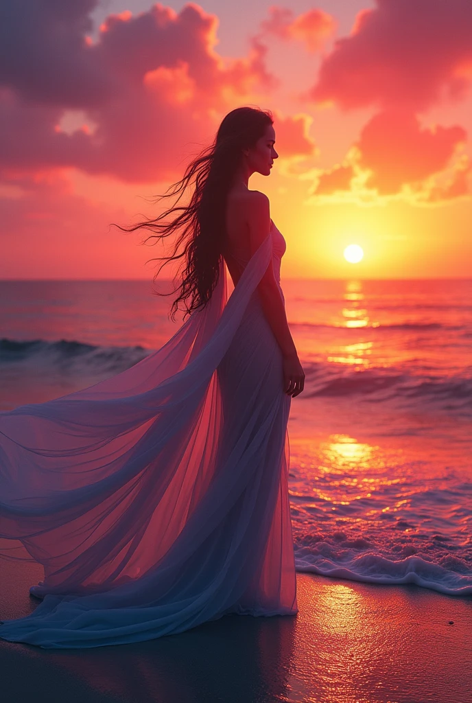 high quality、8K Ultra HD、女神のシルエットとサンセットコーストを組み合わせた美しいDouble contact、Sunset coast as background.、The details are captured by the goddess、Clear lines、The background is monochrome、Clear focus、Double contact、By Xueying、Stunning Full Cololm Style
