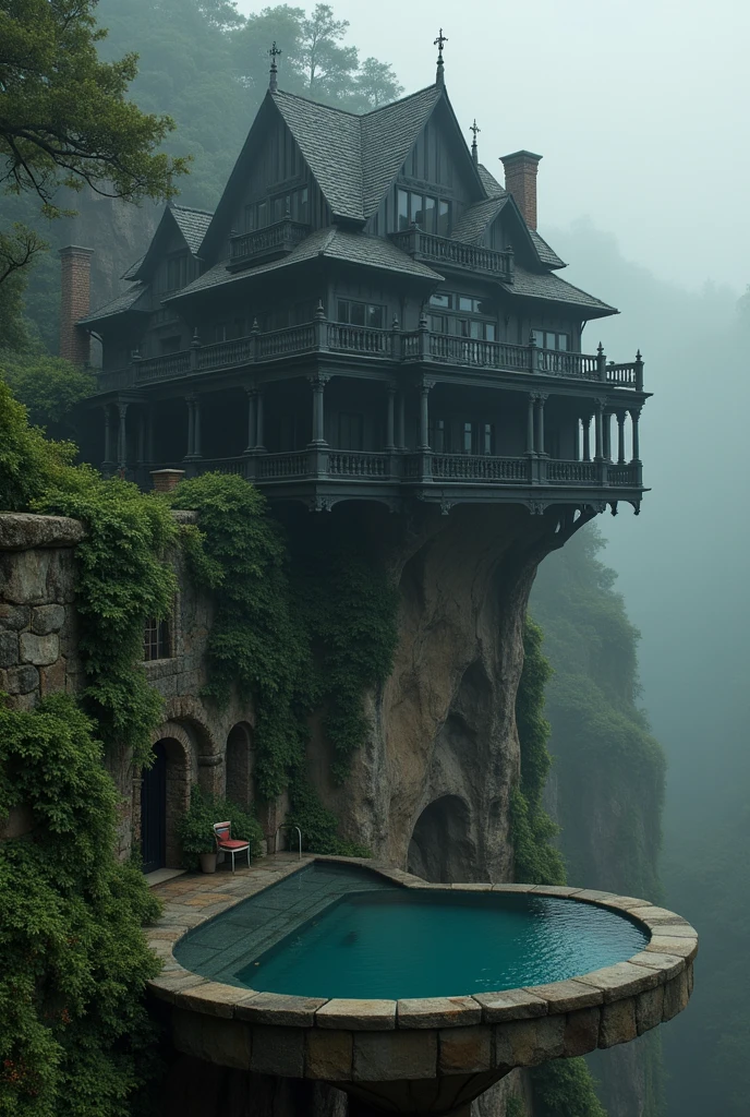 A breathtaking and hyper-realistic portrait of a confident woman, vibrantA dramatically perched Victorian mansion clings to a precipitous cliff, its black façade stark against the rugged backdrop. A circular pool extends out over the sheer drop into the abyss below, adding an air of daring luxury. This striking image, likely a hyper-realistic painting, boasts exquisite details: ornate wrought-iron accents, ivy creeping up weathered stone walls, and mist-shrouded jungle foliage in the distance. The composition exudes a sense of eerie beauty, showcasing the delicate balance between opulence and peril.