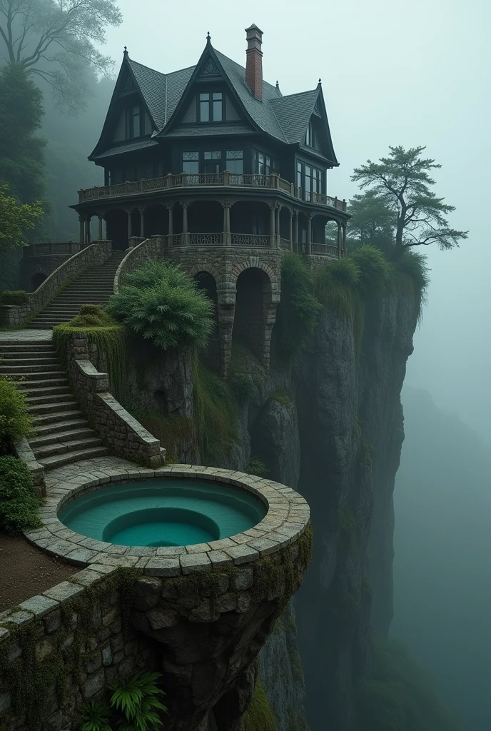 A breathtaking and hyper-realistic portrait of a confident woman, vibrantA dramatically perched Victorian mansion clings to a precipitous cliff, its black façade stark against the rugged backdrop. A circular pool extends out over the sheer drop into the abyss below, adding an air of daring luxury. This striking image, likely a hyper-realistic painting, boasts exquisite details: ornate wrought-iron accents, ivy creeping up weathered stone walls, and mist-shrouded jungle foliage in the distance. The composition exudes a sense of eerie beauty, showcasing the delicate balance between opulence and peril.