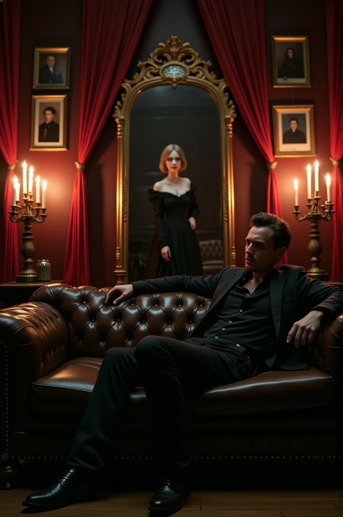 Man sitting on sofa and behind him, a vampire woman