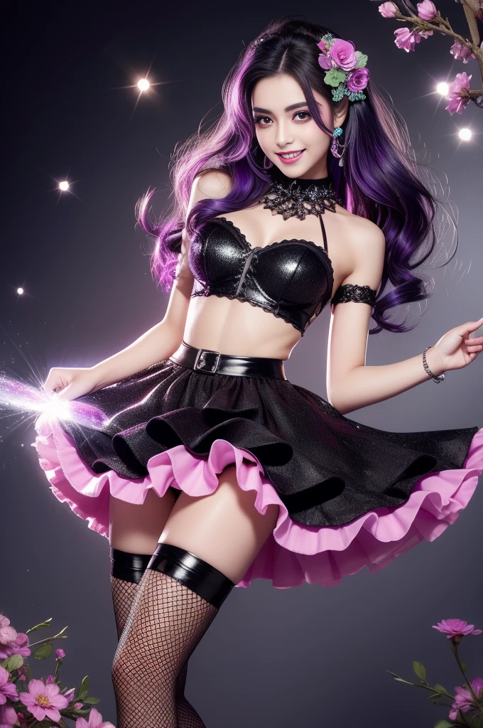 sexy Spanish model who controls poison、beautiful smile、lipgloss、smokey eyeshadow、look at the camera、full body Esbian、、sparkling poisoned flower costume、、、、sparkling Colorful hair、secrete poison、skull hair accessories、fishnet tights、shiny sparkling flowers background