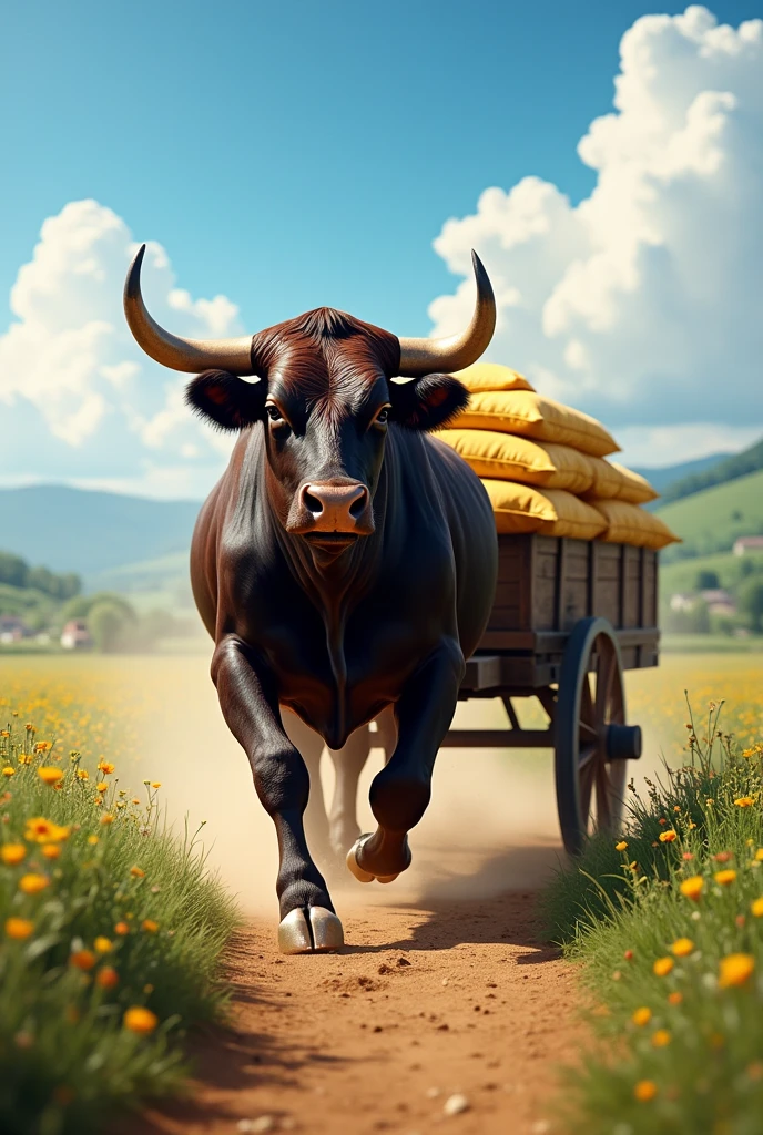 bull pushing loaded cart
