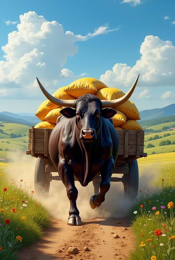 bull pushing loaded cart