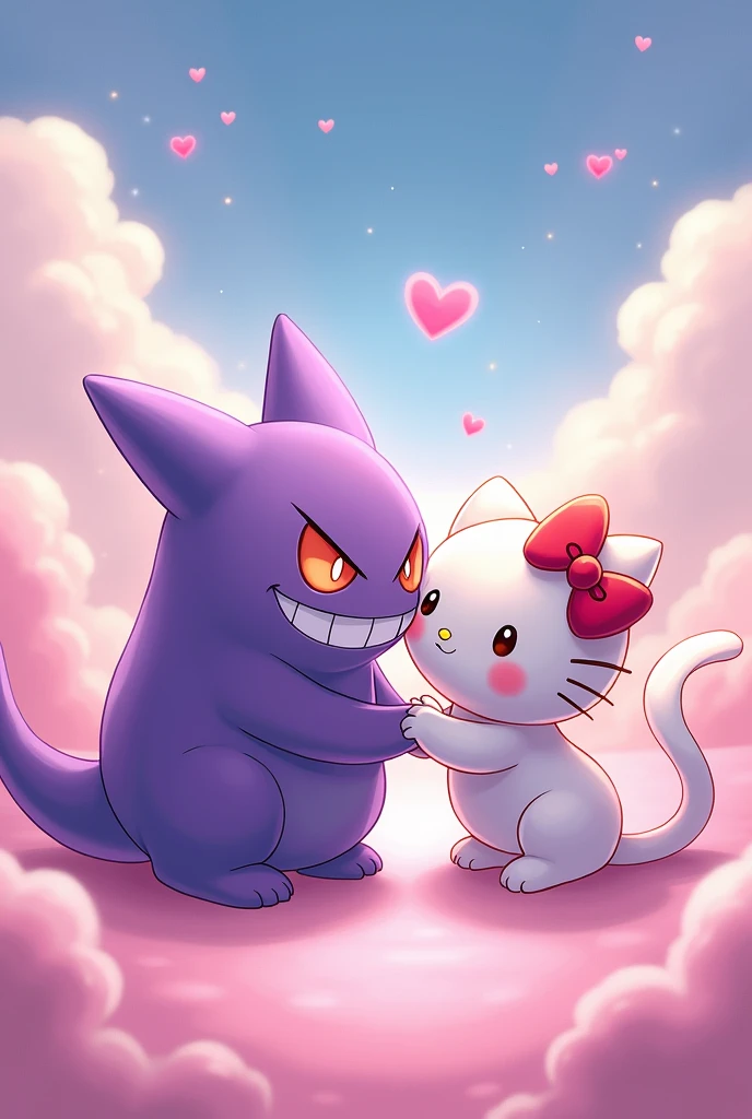 Gengar and hello kitty, couple, Kiss, 2D drawing