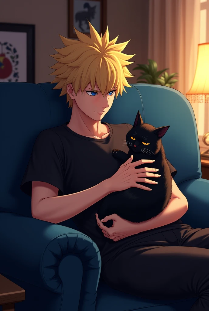 Adult Katsuki bakugo sitting on a dark blue couch with a black cat on his lap petting it