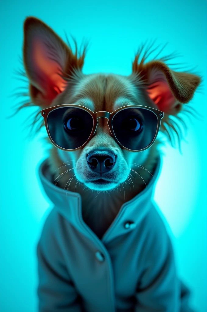 The best cell phone wallpaper, Award-Winning Wallpaper, portrait photography, In the front view is a portrait of a cute dog wearing mid-1960s space age fashion, Side view photo, Shot with Canon EOS R5, Set a strong contrast that accentuates the subject, Fluorescent blue tone, Wearing a very modern coat and sunglasses is a modern 1960s style, Clothes all in one color, beautiful background