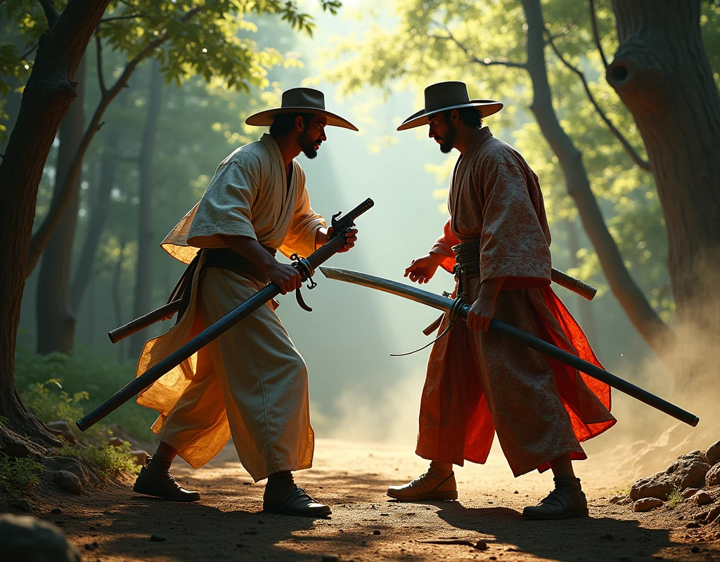 drop shadow, 8k, super detail, best quality, samurai, Japanese style kimono, Straw sandals, Break the sword Sheriff, Cowboy hat, Pistol, wilderness, Showdown, Screen up and down2Split