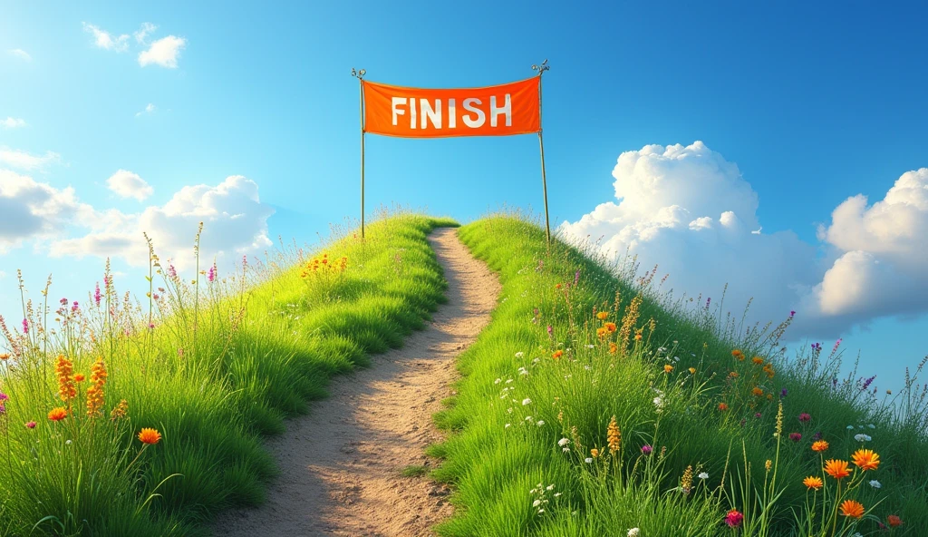 Path through the hill with finish line at the top