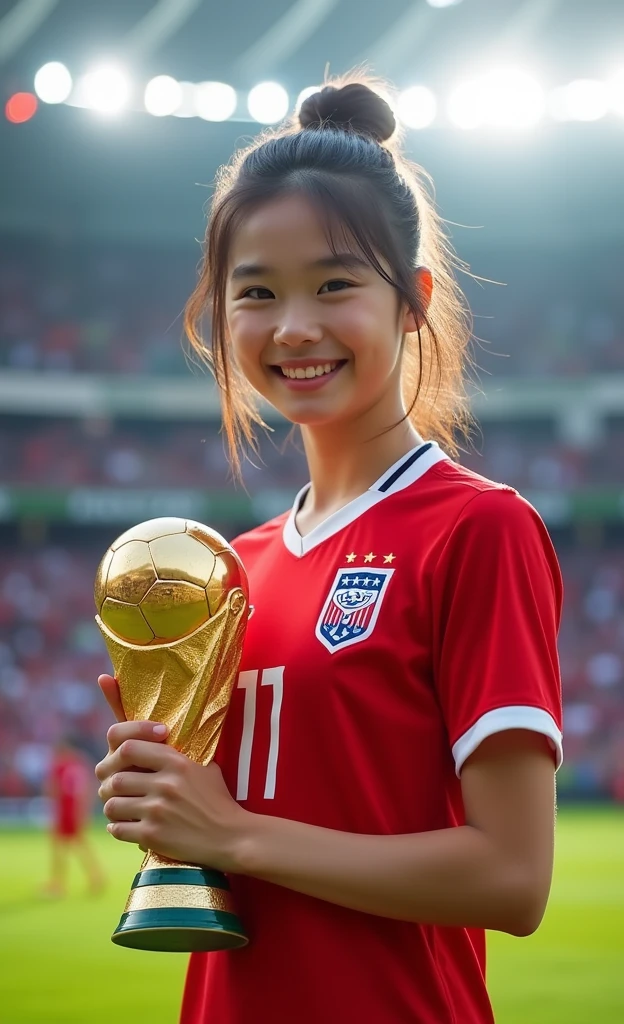 A beautiful Korean girl with a soccer ball,Wear a red jersey,Interview with journalists(Half-length photo),18-year-old girl,White skin,Beautiful facial features,Sexy lips,Smiling at the camera,Holding the World Cup in front of my chest,The brilliant World Cup match scene,The World Cup stadium filled with spectators is in the background,