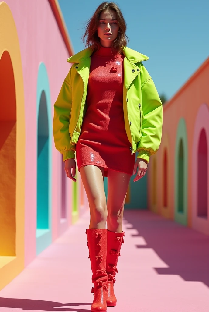 Generate a very modern and fashionable female wardrobe for a character that is inspired by gummies and that when you see it you say "It&#39;s a gummy bear" 

