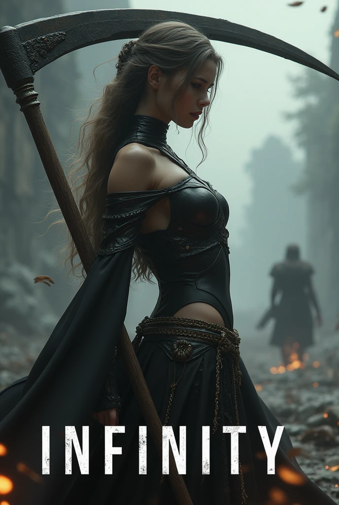 The words "INFINITY" written in large letters at the bottom of the screen, ((masterpiece, highest quality, Highest image quality, High resolution, photorealistic, Raw photo, 8K)), ((Extremely detailed CG unified 8k wallpaper)), (huge stunning goddess shot, very hot and sexy, jaw-dropping beauty, perfect proportions, beautiful body, slim body beauty:1.4), A girl wielding a huge scythe, movie poster, (a huge scythe:1.5),