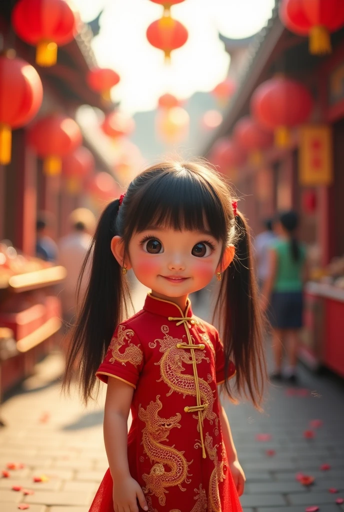 A 9-year-old girl in a blue cheongsam in a store.