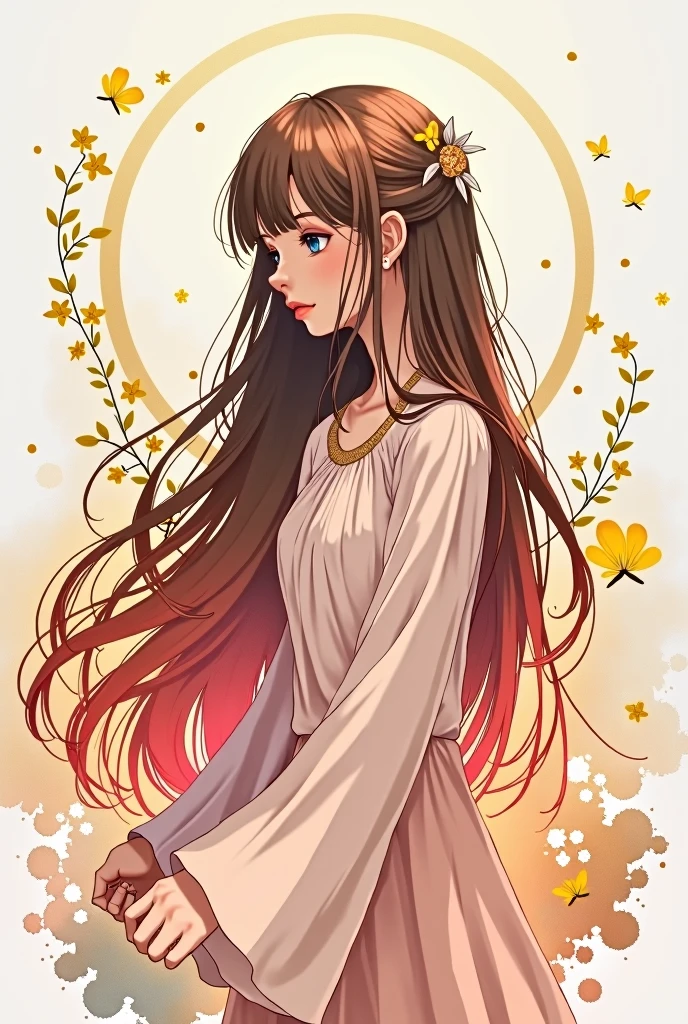 2D, Pastel colors, watercolor, Low color saturation,
Line Art, ((Inspired by Andreas Rocha)),
1 Girl, Solitary, Long brown pink red hair, Hair accessories, Long sleeve, skirt, Keep, blue eyes, Shut up, Upper Body, Weaving, Artist Name, Pattern, Wide sleeves, , plant, yellow 花, miku nakano, nakano miku from the quintessential quintuplets,