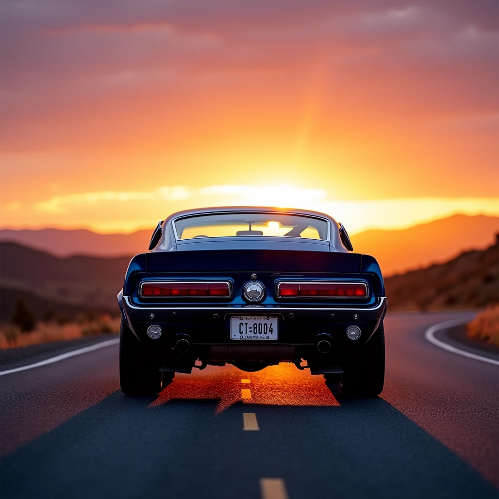 Rear shot of a ford mustang shelby gt500 1967 color blue on the road with a sunset in the background