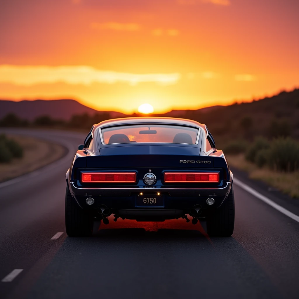 Rear shot of a ford mustang shelby gt500 1967 color blue on the road with a sunset in the background