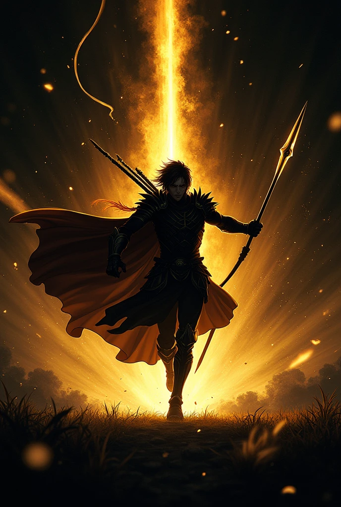 ((Best Quality)), ((masterpiece)), ((detailed)), ((High Definition)), An aura of a sharp golden-colored ray of magical light, with the black silhouette of a spearman in the center, running forward, with a ray of magic light on his back, dynamic movement, fighting stance. With a black background. in anime style.